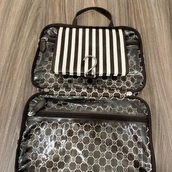 Henri Bendel Chic Vintage Brown and White Striped Cosmetic Bag - Picture 10 of 13